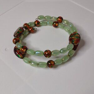 7 Inch Green And Brown Glass Bead Bracelet
